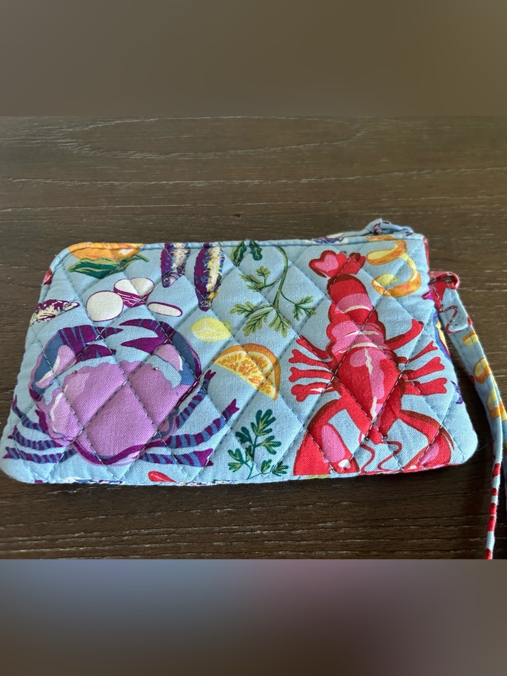 Vera Bradley Quilted Wristlet Wallet with Lobster Print - Light Blue & Red - Picture 1 of 4